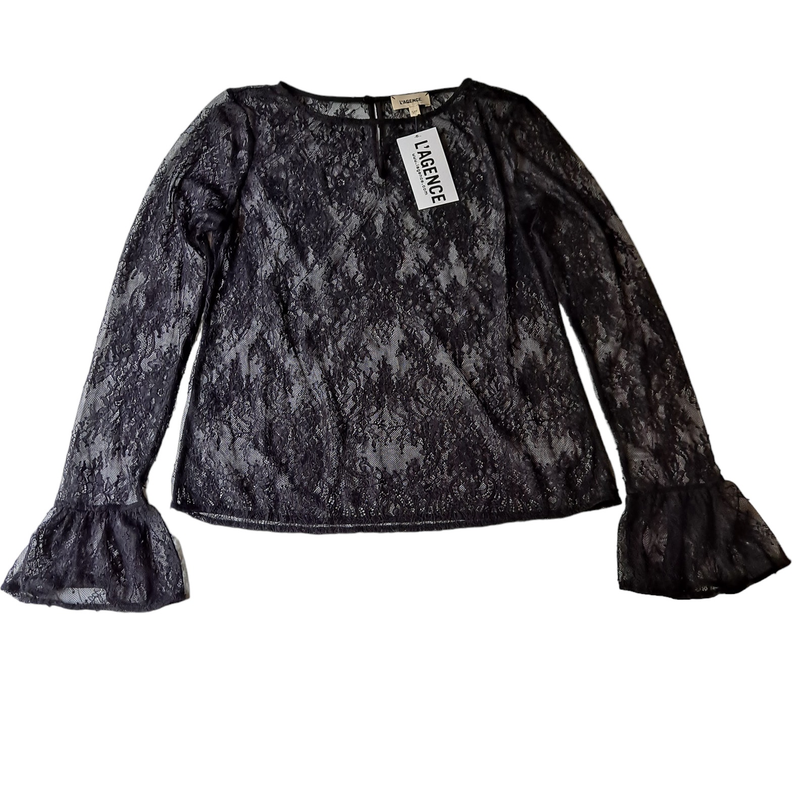 L'agence Black Selena Crewneck Sheer Stretchy Long Bell Sleeve Lace Top - S/P